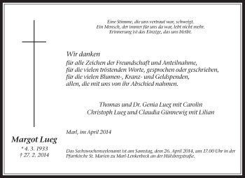 Traueranzeige von Margot Lueg von Medienhaus Bauer